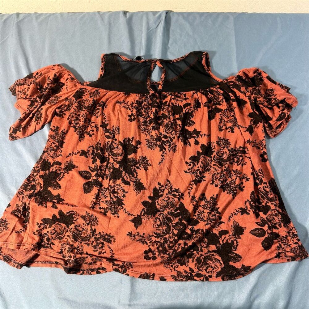 Try! This Women Floral Cold Shoulder Mesh Yoke Top Burnt Orange Black Large - Picture 8 of 8